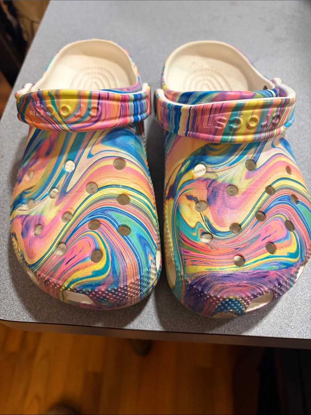 CROCS Kids' Swirl Marble Clogs in Pink, Yellow & Blue